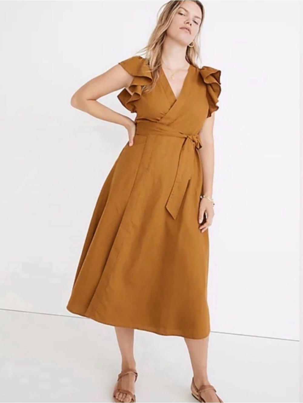 Madewell Rust Brown Ruffle-Sleeve Wrap Maxi Dress